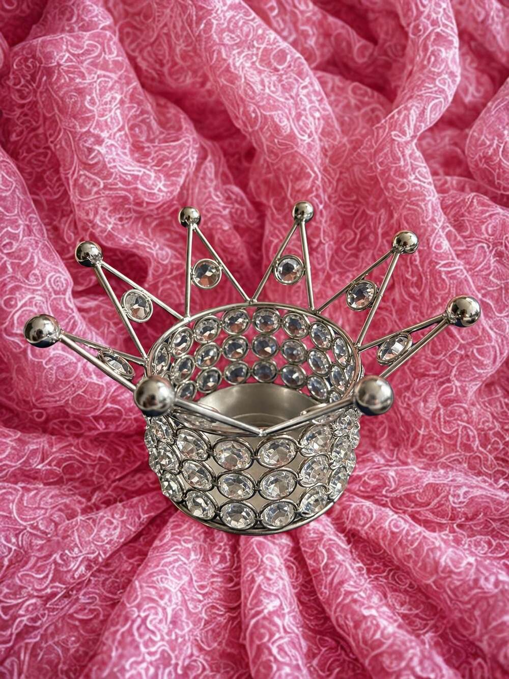 Silver-Tone Metal and Rhinestone Crown Votive Candle or jewelry Holder